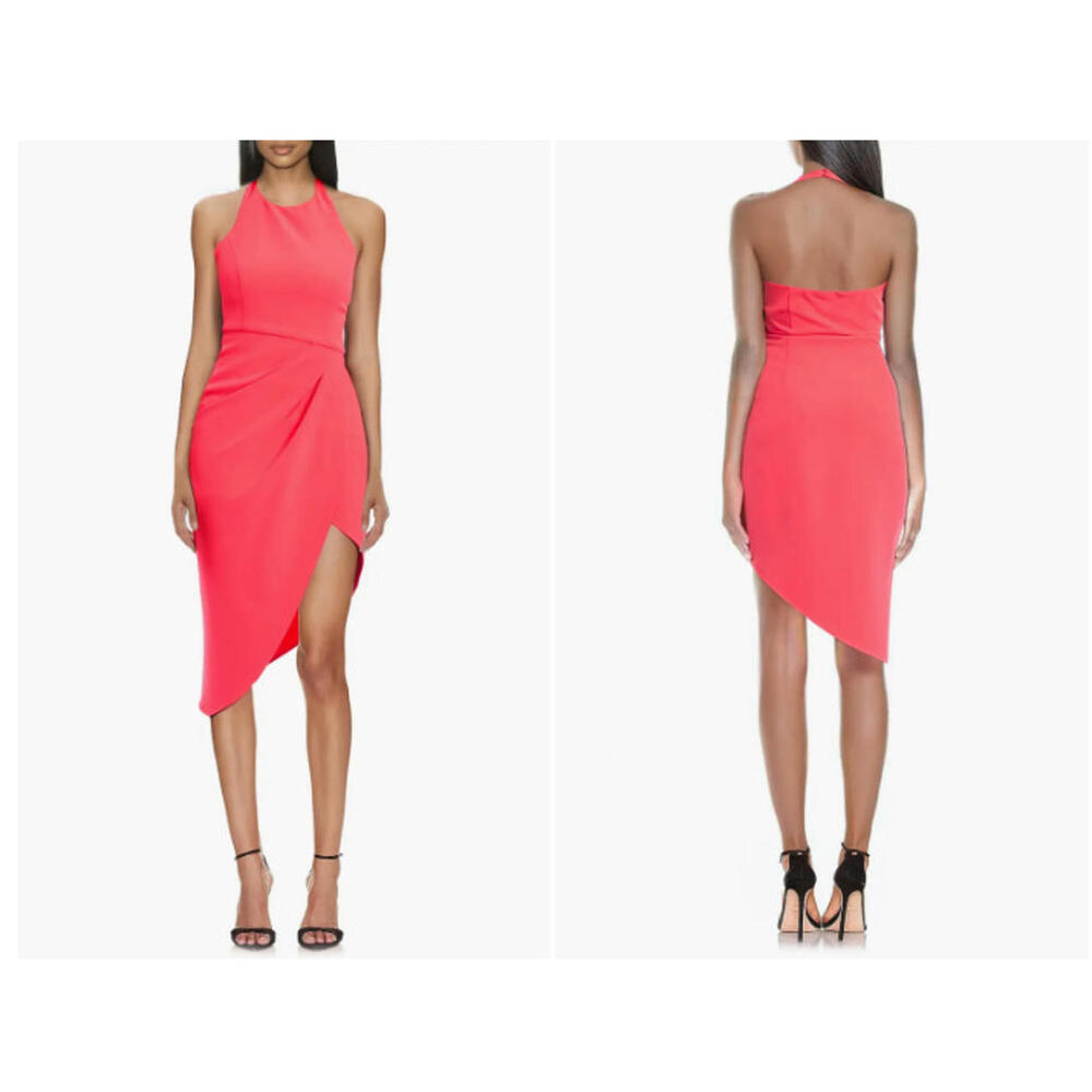 Jewel Badgley Mischka Halter Neck Asymmetrical Dress Coral Pink Club NWT sz 16